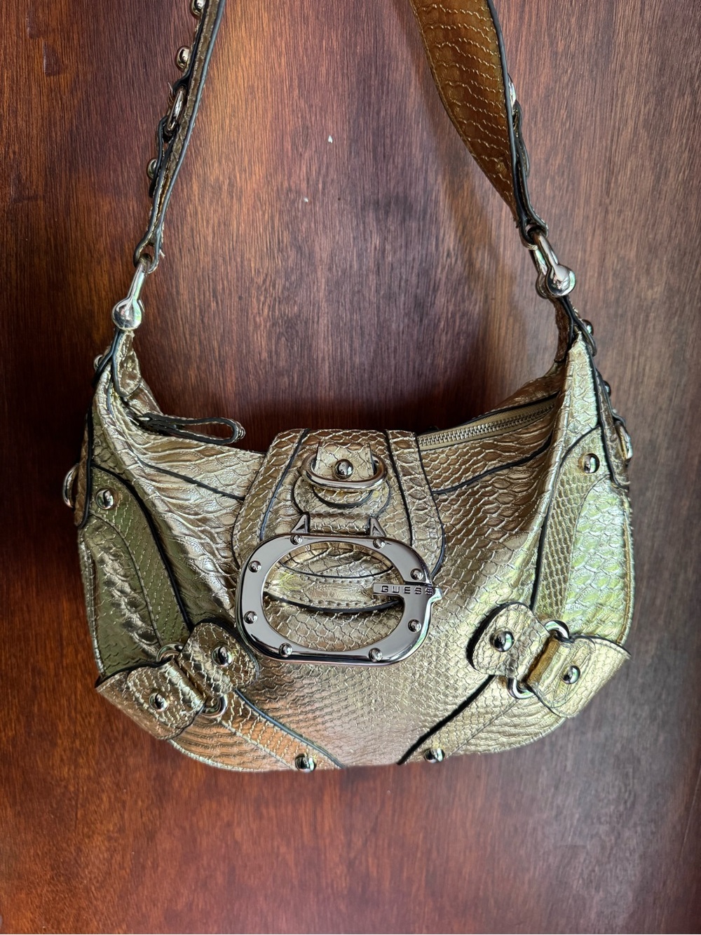 GUESS Metallic Gold Shoulder Bag with Silver Hardware